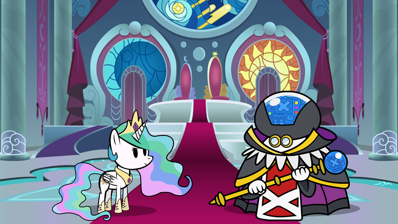 Size: 1920x1080 | Tagged: safe, artist:mlp-silver-quill, artist:yoshigreenwater, derpibooru import, princess celestia, alicorn, pony, crossover, image, nintendo, paper mario, paper mario: the thousand year door, paper pony, png, sir grodus, super mario bros., throne, throne room