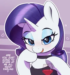 Size: 1126x1200 | Tagged: safe, artist:pabbley, derpibooru import, rarity, pony, unicorn, g4, alcohol, blushing, bronybait, chest fluff, clothes, cup, dialogue, dress, female, heart, horn, image, jpeg, lidded eyes, looking at you, open mouth, open smile, smiling, smiling at you, solo, text, wine