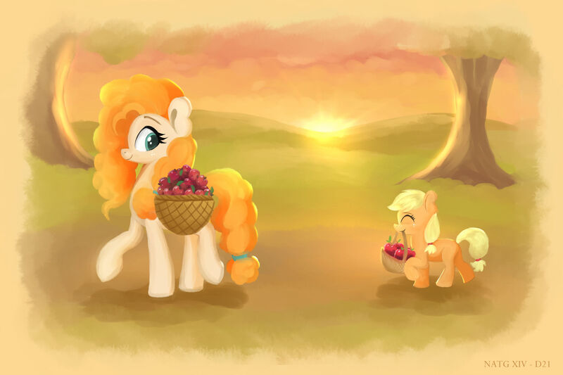 Size: 2400x1600 | Tagged: safe, artist:darksly, derpibooru import, applejack, pear butter, earth pony, pony, g4, apple, atg 2024, basket, cute, duo, duo female, female, filly, filly applejack, foal, food, image, jackabetes, jpeg, mare, mother and child, mother and daughter, mouth hold, newbie artist training grounds, sunset, walking, younger