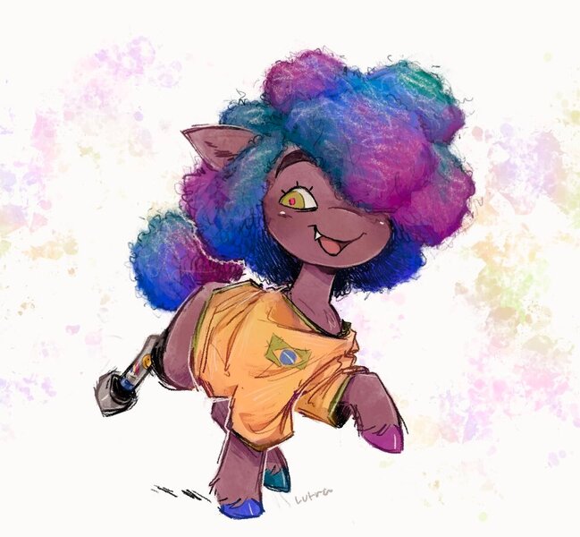 Size: 974x901 | Tagged: safe, artist:lutraviolet, derpibooru import, ponified, earth pony, pony, abstract background, afro, amputee, blushing, brazil, brown coat, clothes, colored eyebrows, colored hooves, colored pupils, curly mane, curly tail, ear fluff, eyelashes, fangs, foal, green eyes, hair over one eye, hooves, image, jpeg, looking back, mismatched hooves, multicolored hooves, multicolored mane, multicolored tail, open mouth, open smile, oversized clothes, oversized shirt, prosthetic leg, prosthetic limb, prosthetics, qsmp, red pupils, richarlyson (qsmp), shiny hooves, shirt, smiling, solo, standing, standing on two hooves, t-shirt, tail, thick eyebrows, unshorn fetlocks