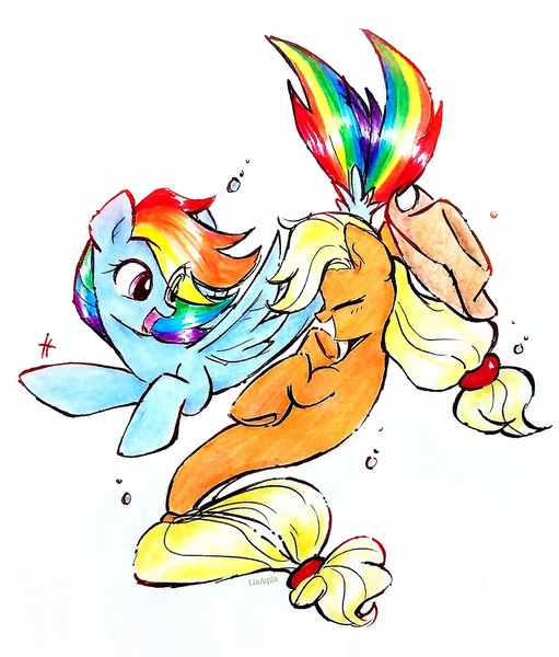 Size: 1950x2291 | Tagged: safe, artist:liaaqila, derpibooru import, applejack, rainbow dash, earth pony, pegasus, pony, seapony (g4), g4, applejack's hat, bubble, commission, cowboy hat, cute, dorsal fin, eye clipping through hair, eyes closed, female, fin, fin wings, fins, fish tail, flowing mane, flowing tail, happy, hat, image, jpeg, looking at each other, looking at someone, mare, ocean, open mouth, open smile, pink eyes, seaponified, seapony applejack, seapony rainbow dash, simple background, smiling, smiling at each other, species swap, spread wings, swimming, tail, talking, traditional art, underwater, water, white background, wings