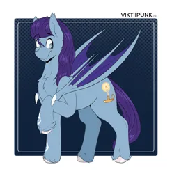 Size: 1455x1470 | Tagged: safe, artist:viktiipunk, derpibooru import, oc, bat pony, pony, chest fluff, cutie mark, fangs, folded wings, image, looking down, png, raised hoof, smiling, solo, standing, unshorn fetlocks, wings