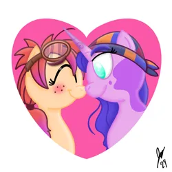 Size: 2048x2048 | Tagged: safe, artist:jesslmc16, derpibooru import, izzy moonbow, sunny starscout, earth pony, unicorn, g5, beanie, boop, duo, duo female, eyes closed, female, freckles, goggles, hat, heart, horn, image, lesbian, looking at each other, looking at someone, markings, multicolored hair, noseboop, png, ponytail, ship:moonscout, shipping, signature, smiling, smiling at each other