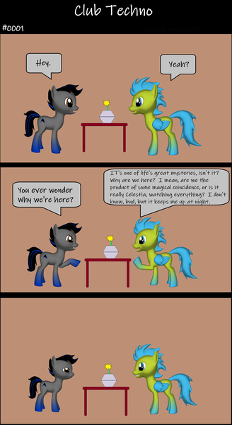 Size: 1920x3516 | Tagged: safe, artist:techno-babble, derpibooru import, oc, oc:stratus wing, oc:techno babble, unofficial characters only, earth pony, pegasus, pony, comic:club techno, g4, 3 panel comic, comic, image, male, png, speech bubble, stallion, talking