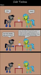 Size: 1920x3516 | Tagged: safe, artist:techno-babble, derpibooru import, oc, oc:stratus wing, oc:techno babble, unofficial characters only, earth pony, pegasus, pony, comic:club techno, g4, 3 panel comic, comic, image, male, png, speech bubble, stallion, talking