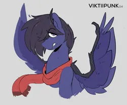 Size: 1063x876 | Tagged: safe, artist:viktiipunk, derpibooru import, oc, oc:fenris ebonyglow, original species, pegasus, pony, timber pony, timber wolf, angry, clothes, fangs, hair over one eye, image, looking at you, png, scarf, solo, species swap, spread wings, timber corruption, wings