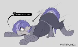 Size: 1800x1090 | Tagged: safe, artist:viktiipunk, derpibooru import, oc, oc:triple sevens, unofficial characters only, pony, unicorn, arrow, clothes, dialogue, face down ass up, gray background, horn, image, motion lines, png, simple background, solo, tripping, worried, worried smile