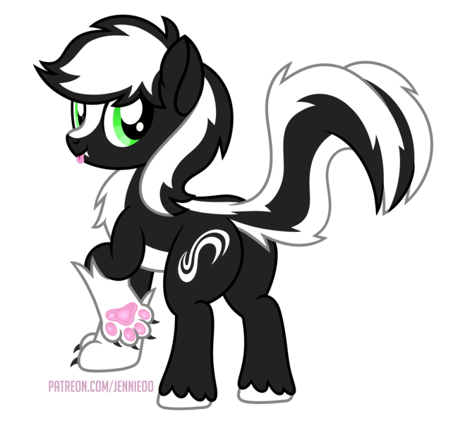 Size: 6415x6000 | Tagged: safe, artist:jennieoo, derpibooru import, oc, oc:zenawa skunkpony, unofficial characters only, earth pony, hybrid, pony, skunk, skunk pony, absurd resolution, butt, chest fluff, claws, cute, earth pony oc, fangs, hybrid oc, image, looking at you, looking back, looking back at you, male, paw pads, paws, plot, png, raised leg, raised tail, show accurate, simple background, smiling, smiling at you, solo, solo male, stallion, tail, tongue out, transparent background, unshorn fetlocks