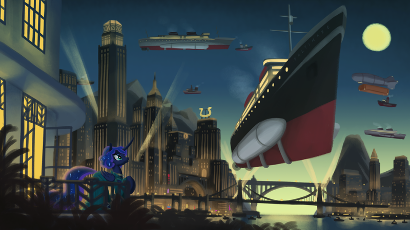 Size: 3840x2160 | Tagged: safe, alternate version, artist:king-kakapo, banned from derpibooru, princess luna, alicorn, pony, art pack:nuclear neighs and deco days, 3840x2160, airship, alternate hairstyle, city, female, flying ship, future, image, mare, moon, paywall content, png, poster, retrofuturism, searchlight, zeppelin