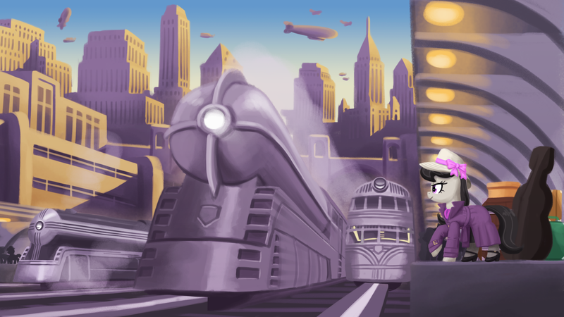 Size: 3840x2160 | Tagged: safe, alternate version, artist:king-kakapo, banned from derpibooru, octavia melody, earth pony, pony, art pack:nuclear neighs and deco days, 3840x2160, airship, female, hat, image, luggage, mare, paywall content, png, poster, train, train station, zeppelin