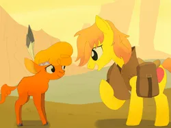 Size: 2732x2048 | Tagged: safe, artist:mandumustbasukanemen, derpibooru import, braeburn, little strongheart, buffalo, pony, g4, over a barrel, atg 2024, duo, duo male and female, female, image, jpeg, looking at each other, looking at someone, male, nervous, newbie artist training grounds, scene interpretation, smiling