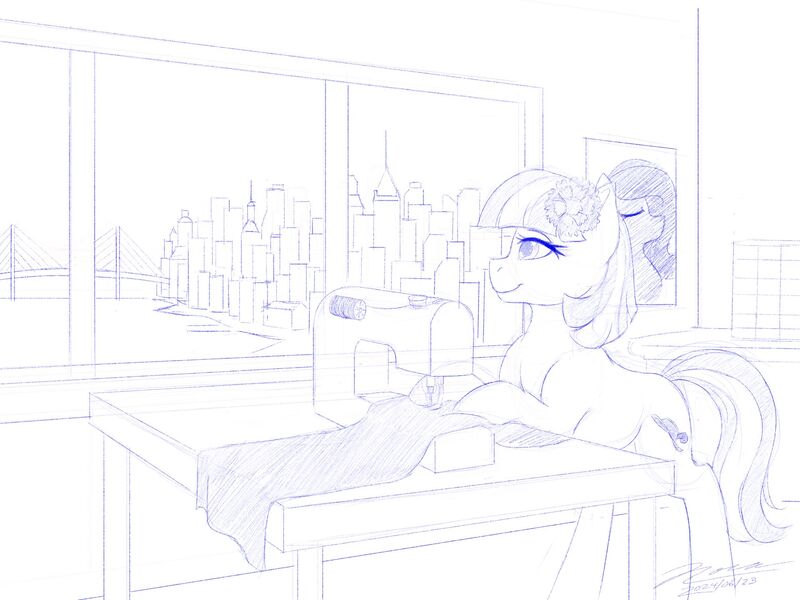 Size: 1920x1440 | Tagged: safe, artist:novaintellus, derpibooru import, coco pommel, earth pony, pony, atg 2024, bipedal, bipedal leaning, female, image, jpeg, leaning, looking out the window, manehattan, mare, monochrome, newbie artist training grounds, sewing machine, simple background, solo, white background, window