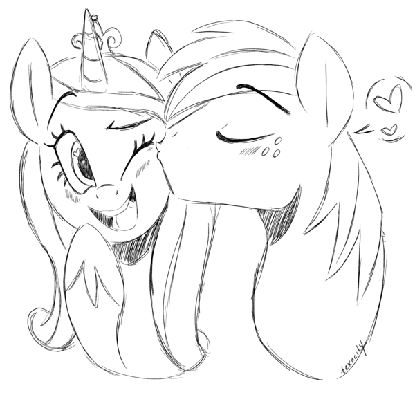 Size: 3000x3000 | Tagged: safe, artist:texacity, derpibooru import, big macintosh, princess cadance, alicorn, earth pony, pony, g4, bust, cadmac, duo, duo male and female, eyes closed, female, grayscale, heart, image, infidelity, kiss on the cheek, kissing, male, monochrome, one eye closed, open mouth, open smile, png, shipping, simple background, sketch, smiling, straight, white background