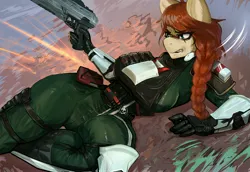 Size: 4096x2812 | Tagged: suggestive, artist:melkaya, ponerpics import, oc, oc:dusty heartwood, unofficial characters only, anthro, fallout equestria, bodysuit, breasts, clothes, gloves, gun, image, jpeg, weapon