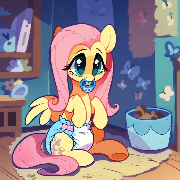 Size: 1024x1024 | Tagged: safe, ai content, derpibooru import, machine learning generated, prompter:blue light, stable diffusion, fluttershy, pegasus, pony, g4, clean diaper, cute, diaper, diaper fetish, female, fetish, generator:purplesmart.ai, image, mare, non-baby in diaper, pacifier, png, sitting, solo