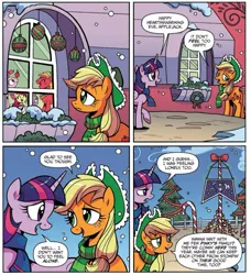 Size: 973x1069 | Tagged: safe, artist:brendahickey, derpibooru import, idw, apple bloom, applejack, big macintosh, pinkie pie, spike, twilight sparkle, alicorn, dragon, earth pony, pony, spoiler:comic, spoiler:comicholiday2017, candy, candy cane, equestria flag, food, image, jpeg, lonely, official comic, snow, sweet apple acres, winter