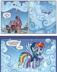 Size: 970x1226 | Tagged: safe, artist:brendahickey, derpibooru import, rainbow dash, pegasus, pony, spoiler:comic, spoiler:comicholiday2017, clothes, cloud, flying, image, implied apple bloom, jpeg, sky, snow, solo, sweet apple acres, winter