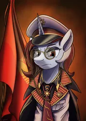 Size: 1668x2338 | Tagged: safe, artist:buckweiser, derpibooru import, oc, oc:red rocket, unicorn, equestria at war mod, angry, badge, cap, clothes, flag, glasses, gradient background, hat, horn, image, looking at you, png, serious, uniform