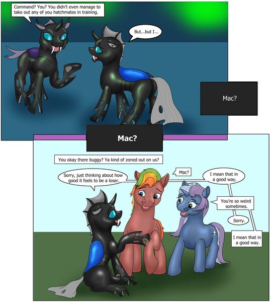 Size: 2242x2496 | Tagged: safe, artist:termyotter, derpibooru import, oc, oc:lunar mist, oc:macrophage, oc:spectrum gear, unofficial characters only, changeling, pony, atg 2024, image, jpeg, newbie artist training grounds