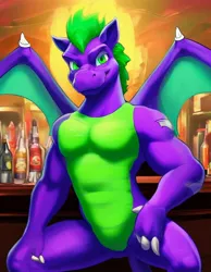 Size: 896x1152 | Tagged: suggestive, ai content, derpibooru import, generator:shedevrum, machine learning generated, prompter:nickdisneyfan78, spike, dragon, g4, adult, adult spike, club, image, jpeg, looking at you, older, older spike, smiling, winged spike, wings