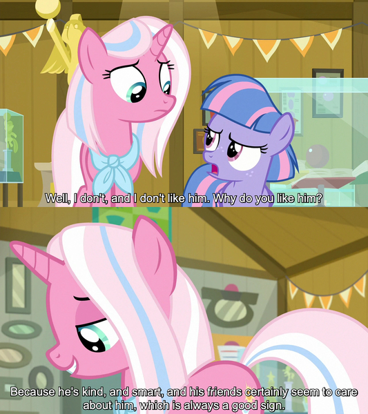 Size: 1280x1440 | Tagged: safe, derpibooru import, edit, edited screencap, editor:jaredking779, screencap, clear sky, wind sprint, pegasus, pony, unicorn, common ground, g4, season 9, spoiler:s09, caption, duo, duo female, female, filly, foal, horn, image, jpeg, looking at each other, looking at someone, mare, mother and child, mother and daughter, neckerchief, open mouth, text