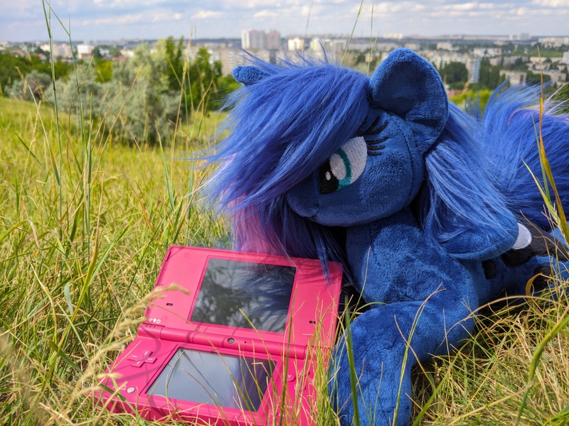 Size: 4656x3492 | Tagged: safe, derpibooru import, princess luna, alicorn, pony, female, grass, image, irl, jpeg, mare, nintendo dsi, photo, plushie, solo