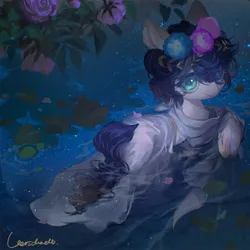 Size: 1920x1920 | Tagged: safe, artist:tingsan, derpibooru import, oc, unofficial characters only, earth pony, pony, clothes, floral head wreath, flower, image, jpeg, lilypad, robe, solo, unshorn fetlocks, water