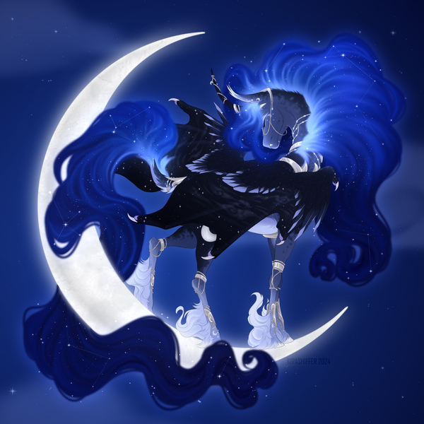 Size: 1800x1800 | Tagged: safe, artist:dementra369, derpibooru import, princess luna, alicorn, hybrid, pony, crescent moon, goddess, image, jpeg, moon, pegabat, solo, tangible heavenly object