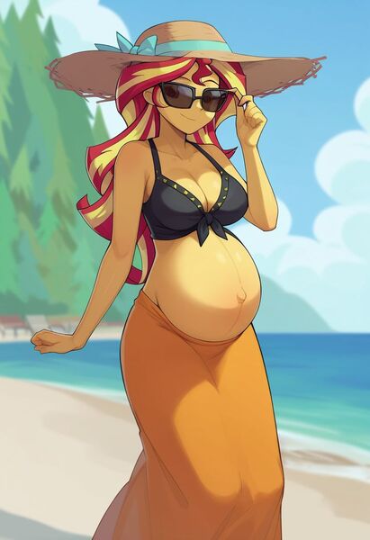 Size: 832x1216 | Tagged: suggestive, ai content, derpibooru import, machine learning generated, stable diffusion, sunset shimmer, human, equestria girls, g4, ai pregnant, beach, belly, belly button, big belly, bikini, breasts, busty sunset shimmer, clothes, front knot midriff, generator:pony diffusion v6 xl, hill, image, jpeg, midriff, outie belly button, pregnant, pregnant equestria girls, sarong, smiling, summer hat, sunglasses, sunset preggers, swimsuit