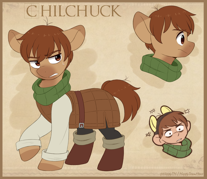 Size: 2000x1731 | Tagged: safe, artist:higgly-chan, derpibooru import, ponified, earth pony, human, pony, anime, annoyed, belt, boots, bust, chilchuck tims, clothes, coat markings, cross-popping veins, crossover, delicious in dungeon, dungeon meshi, emanata, grumpy, image, looking offscreen, male, pants, png, raised hoof, scarf, shirt, shoes, solo, sweat, sweatdrop