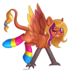 Size: 3000x3000 | Tagged: safe, artist:xcinnamon-twistx, derpibooru import, oc, gryphon, clothes, commission, ear piercing, earring, image, jewelry, one eye closed, open mouth, pansexual, pansexual pride flag, piercing, png, pride, pride flag, socks, thigh highs, wink, ych result, your character here