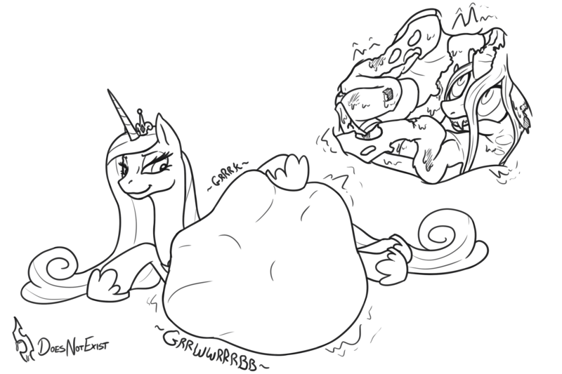 Size: 3000x2000 | Tagged: semi-grimdark, artist:theandymac, derpibooru import, princess cadance, alicorn, changeling, changeling queen, pony, abdominal bulge, belly, big belly, cadancepred, chrysaprey, crown, digestion, duo, duo female, eyelashes, fangs, female, fetal position, floppy ears, graphic digestion, high res, hoof on belly, hoof shoes, huge belly, image, imminent death, impossible fit, internal, jewelry, lanky, lidded eyes, long mane, long tail, looking at belly, lying down, mare, mare pred, mare predator, mare prey, motion lines, peytral, physique difference, png, post-vore, pred smaller than prey, princess shoes, regalia, sharp teeth, side, signature, simple background, size difference, skinny, slender, slit pupils, smiling, smirk, stomach, stomach acid, stomach noise, struggling, stuffed belly, tail, tall, teeth, thin, tight belly, vore, white background