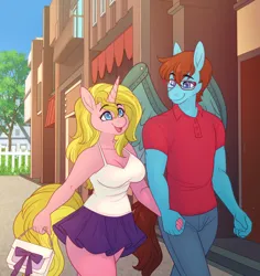 Size: 3472x3680 | Tagged: safe, artist:minettefraise, derpibooru import, oc, unofficial characters only, anthro, pegasus, pony, unicorn, amputee, anthro oc, artificial wings, augmented, bag, blonde mane, blonde tail, blue eyes, blue jeans, bow, breasts, brown mane, brown tail, building, camisole, cleavage, clothes, cybernetic wings, denim, female, fence, glasses, handbag, holding hands, horn, image, jeans, long mane, looking at each other, looking at someone, male, male and female, mare, miniskirt, pants, pegasus oc, png, polo shirt, prosthetic limb, prosthetic wing, prosthetics, skirt, smiling, smiling at each other, stallion, tail, town, tree, unicorn oc, walking, wings