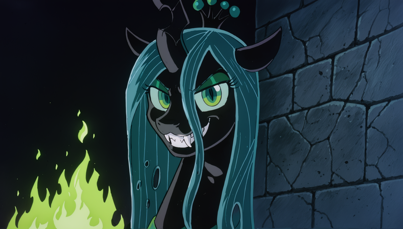 Size: 2560x1456 | Tagged: safe, ai content, derpibooru import, generator:autismmixconfetti, machine learning generated, queen chrysalis, changeling, changeling queen, g4, crown, evil grin, eyebrows, fangs, female, fire, green fire, grin, image, jewelry, looking at you, png, prompter:siber, regalia, smiling, smiling at you, solo