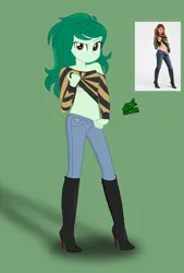 Size: 1920x2840 | Tagged: suggestive, artist:gibsterboy5, derpibooru import, wallflower blush, human, equestria girls, g4, boots, bra, clothes, denim, female, green background, high heel boots, high heels, image, jeans, jpeg, looking at you, pants, pose, pulling, pulling clothes, reference, shoes, signature, simple background, solo, standing, sweater, underwear