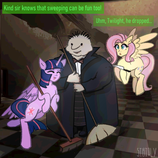 Size: 2000x2000 | Tagged: safe, artist:sibirly, derpibooru import, part of a set, fluttershy, twilight sparkle, twilight sparkle (alicorn), alicorn, pegasus, pony, g4, bipedal, bipedal leaning, broom, butler, crossover, dialogue, eyes closed, female, flying, high res, humanoid, image, knife, leaning, lethal company, mare, monster, open mouth, open smile, part of a series, png, signature, smiling, spread wings, sweeping, sweepsweepsweep, wings, worried