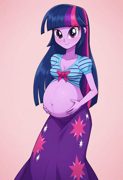 Size: 832x1216 | Tagged: suggestive, ai content, derpibooru import, machine learning generated, stable diffusion, twilight sparkle, human, equestria girls, g4, belly, belly button, big belly, bowtie, breasts, busty twilight sparkle, cleavage, clothes, front knot midriff, generator:pony diffusion v6 xl, image, jpeg, long skirt, looking at you, midriff, outie belly button, preglight sparkle, pregnant, pregnant equestria girls, shirt, skirt