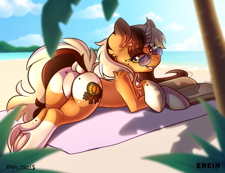 Size: 2600x2000 | Tagged: safe, alternate version, artist:erein, artist:yuris, derpibooru import, oc, oc:citrus clove, unofficial characters only, pony, unicorn, advertisement, alternate character, beach, book, butt, cloud, collaboration, commission, dock, ear fluff, featureless crotch, female, frog (hoof), horn, image, looking at you, looking back, looking back at you, lying down, mare, ocean, outdoors, palm tree, plot, png, sky, smiling, smiling at you, solo, tail, tree, underhoof, water, ych result, your character here