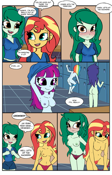 Size: 2078x3244 | Tagged: questionable, artist:tjpones, derpibooru import, blueberry cake, mystery mint, rainbow dash, sunset shimmer, wallflower blush, human, equestria girls, g4, arm behind head, armpits, ass, belly button, blushing, boob freckles, breasts, busty mystery mint, busty sunset shimmer, busty wallflower blush, butt, chest freckles, clothes, comic, dialogue, female, females only, freckles, hip freckles, image, locker room, nipples, nudity, panties, partial nudity, png, pubic hair, rainbutt dash, shoulder freckles, speech bubble, sweat, topless, underwear, undressing