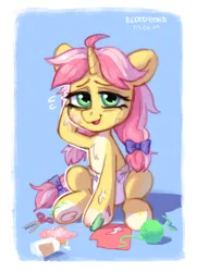 Size: 2054x2841 | Tagged: safe, artist:bloodymrr, derpibooru import, oc, oc:crafty circles, unofficial characters only, pony, unicorn, abdl, blue background, blue bow, bow, coat markings, commission, diaper, diaper fetish, drawing, embarrassed, female, fetish, filly, filly oc, foal, freckles, glue, green eyes, hair bow, horn, image, looking at you, paper, pigtails, pink hair, pink mane, png, scissors, shy, simple background, sitting, sitting on floor, smiling, smiling at you, socks (coat marking), solo, tail, tail bow, tied mane, tied tail, two toned mane, two toned tail, underhoof, yellow coat