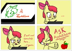 Size: 2042x1462 | Tagged: safe, artist:arielsbx, derpibooru import, apple bloom, pony, ask little applebloom, apple, food, image, one eye closed, png, solo, tablet, tongue out, wink