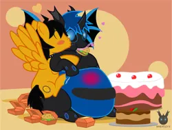 Size: 1216x925 | Tagged: suggestive, artist:wheatley r.h., derpibooru import, oc, oc:rito, oc:w. rhinestone eyes, unofficial characters only, changeling, pegasus, pony, automata, bat wings, belly, big belly, blue blush, blue changeling, blushing, burger, cake, changeling oc, choker, chunkling, derpibooru exclusive, duo, fat, fat fetish, fetish, food, hamburger, happy birthday, heart, honeypot changeling, huge belly, image, jpeg, kiss on the cheek, kissing, love, male, messy tail, onomatopoeia, pegasus oc, simple background, spiked choker, spread wings, squished, stallion, stuffed belly, tail, vector, watermark, weight gain, wingboner, wings, yellow coat