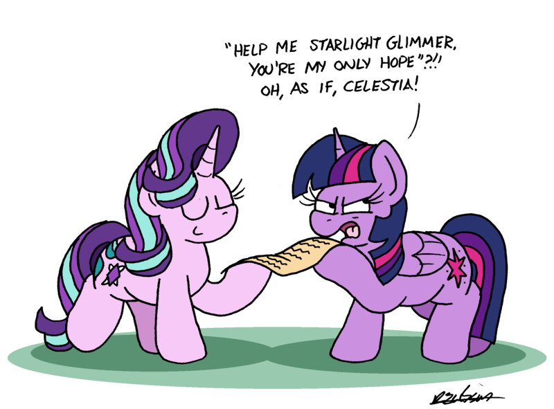 Size: 2253x1665 | Tagged: safe, artist:bobthedalek, derpibooru import, starlight glimmer, twilight sparkle, twilight sparkle (alicorn), alicorn, pony, unicorn, atg 2024, horn, image, implied princess celestia, newbie artist training grounds, png, scroll, smug, unamused