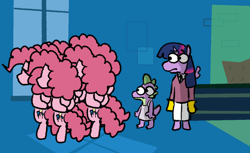 Size: 1165x716 | Tagged: safe, alternate version, artist:punkittdev, derpibooru import, pinkie pie, spike, twilight sparkle, twilight sparkle (alicorn), alicorn, dragon, pegasus, pony, g4, testing testing 1-2-3, bipedal, clone, clone high, female, hooves behind back, image, looking out the window, male, mare, multeity, pinkie clone, png, too much pink energy is dangerous, window