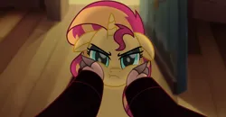 Size: 2000x1037 | Tagged: safe, artist:emeraldblast63, derpibooru import, edit, edited screencap, screencap, sunset shimmer, human, pony, unicorn, g4, my little pony: the movie, character swap, female, floppy ears, frown, furrowed brow, hand on cheek, horn, human pony sunset, human sunset, image, looking at you, mare, narrowed eyes, offscreen character, png, pov, sunset shimmer is not amused, unamused