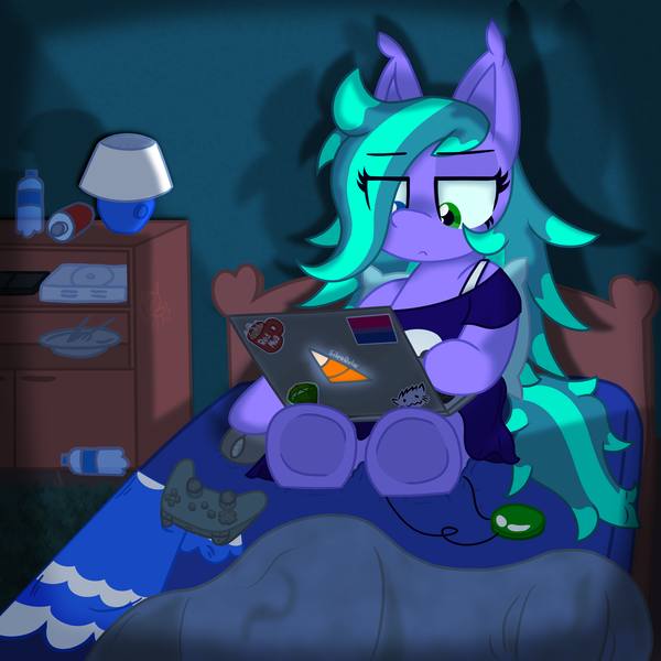 Size: 4000x4000 | Tagged: safe, artist:silvaqular, derpibooru import, oc, oc:cyanette, earth pony, bedroom, blanket, can, chillaxing, closet, clothes, computer, controller, dark, dark room, dress, frown, gaming, heterochromia, image, jewelry, lamp, laptop computer, lazy, moody, multicolored hair, multicolored mane, multicolored tail, necklace, plate, playstation, playstation 2, png, relaxing, shading, shading practice, shelf, shirt, sticker, tail, unamused, water bottle