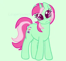 Size: 1296x1208 | Tagged: safe, artist:leopardsnaps, derpibooru import, minty bubblegum, pony, unicorn, g4, :i, female, green background, horn, image, looking at you, mare, png, simple background, solo, turned head