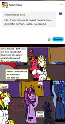 Size: 1173x2238 | Tagged: safe, artist:ask-luciavampire, derpibooru import, princess luna, twilight sparkle, oc, oc:nyx, alicorn, pony, undead, vampire, vampony, alastor, ask, hazbin hotel, hellaverse, image, png, tumblr