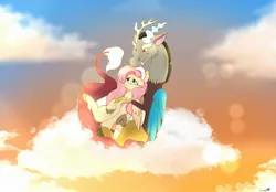 Size: 2048x1423 | Tagged: safe, artist:ginnyregen, derpibooru import, discord, fluttershy, draconequus, pegasus, antlers, bright, cloud, discoshy, duo, duo male and female, female, hooves, horn, hug, image, interspecies, jpeg, looking up, male, shipping, straight, sunlight