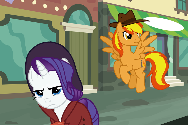 Size: 1899x1262 | Tagged: safe, artist:princesslilybrush, derpibooru import, rarity, oc, oc:firey ratchet, pegasus, unicorn, g4, clothes, detective, detective rarity, duo, duo male and female, fedora, female, hat, horn, image, male, manehattan, png, trenchcoat